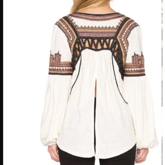 [S]Free People Blouse Snow Kisses with Embroidery Boho White Black Eyelets - Picture 3 of 12